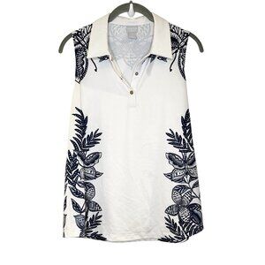Chico's Zenergy Tropical Print Sleeveless Golf Polo Shirt Sz 0 Small White Navy